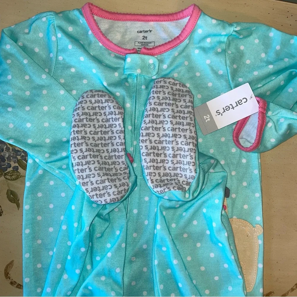 Carters 2T Aqua Blue Pink White Polka Dot One Piece Footed Pajama Pug Puppy NWT